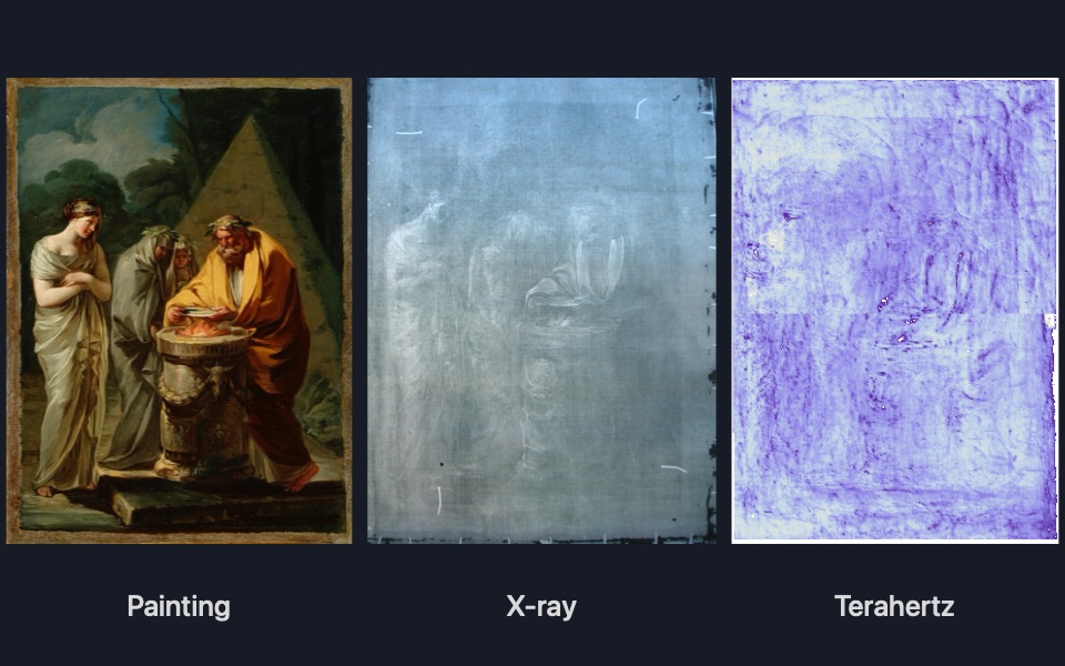 Goya's painting The Sacrifice to Vesta shown next to its X-ray and terahertz images